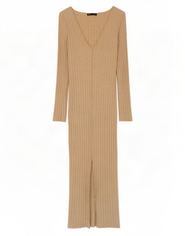 Zara Mujer Maxi Vestido De Manga Larga UK 8 Small Viscosa Beige