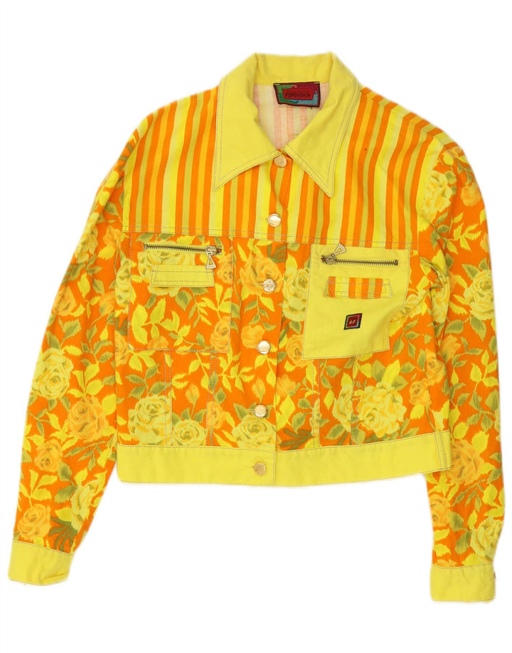 Vintage mujer crop bomber chaqueta EU 38 algodón floral amarillo medio
