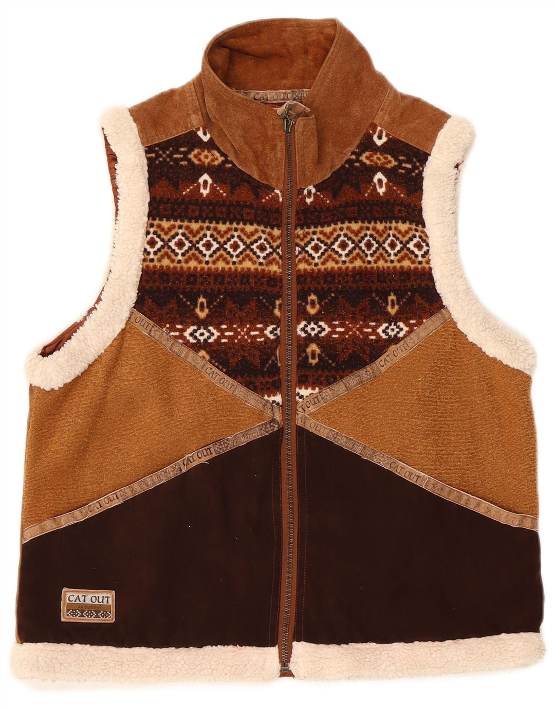 Vintage mujer ante Gilet Reino Unido 14 cuero geométrico marrón medio