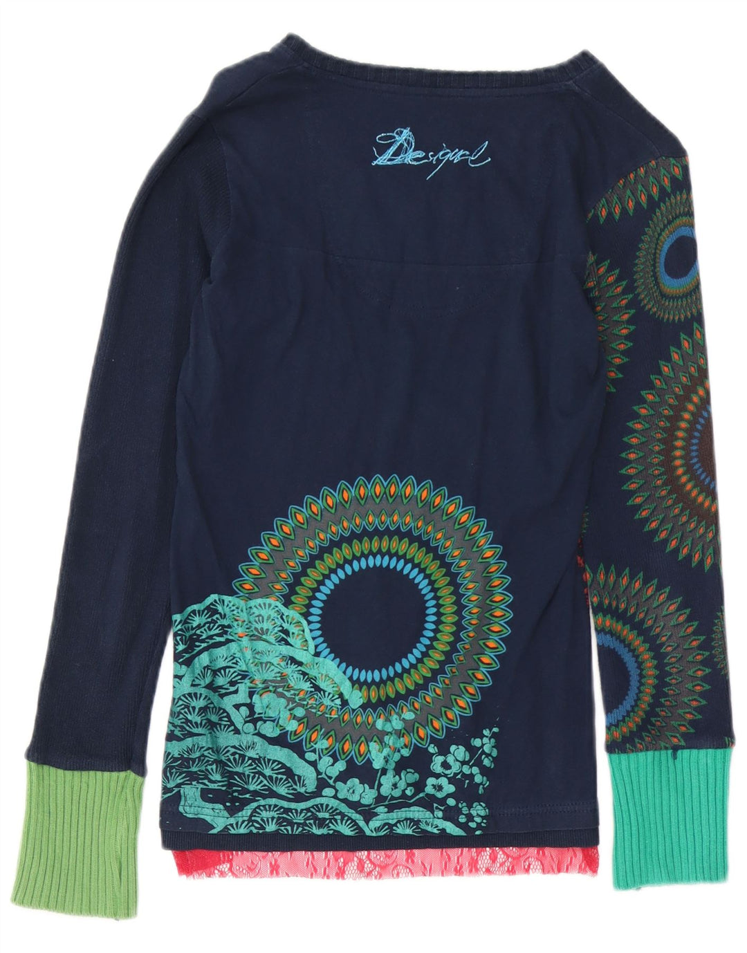 Desigual Mujer Gráfico Top Manga Larga Reino Unido 12 Medio Azul Marino Algodón