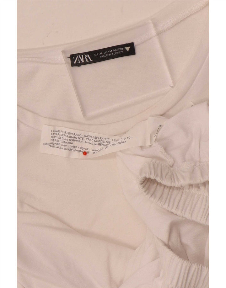 Zara Mujer Crop Blusa Top Reino Unido 42 Medio Algodón Blanco