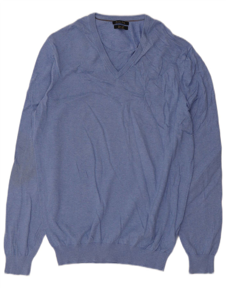 Jersey Massimo Dutti Hombre Cuello Pico Algodón Azul Medio