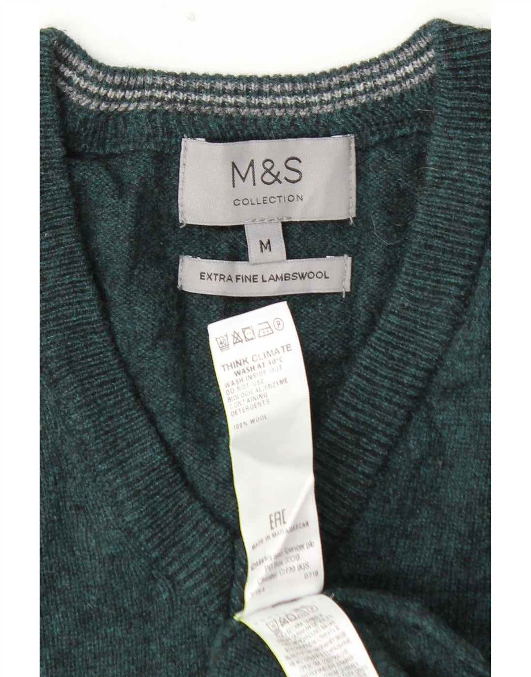 MARKS & SPENCER Jersey con cuello en V para hombre de lana de cordero verde medio