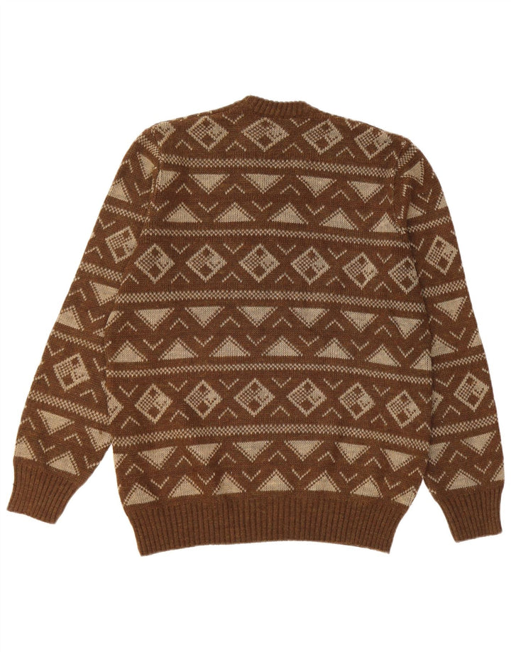 Vintage hombres V-cuello jumper suéter pequeño marrón geométrico