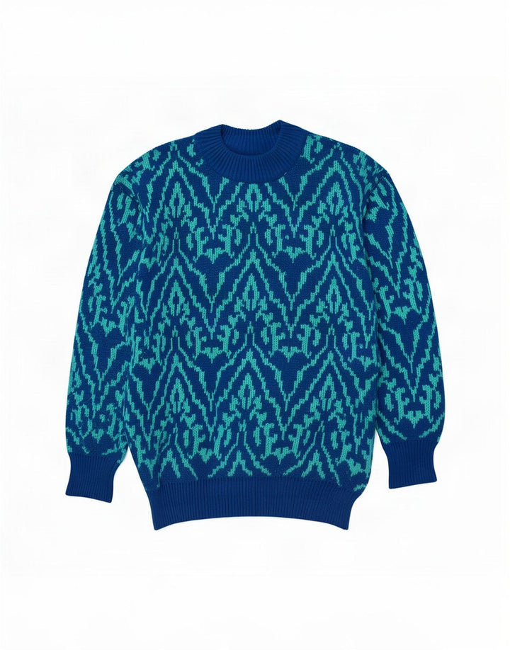 Vintage hombres cuello redondo jersey suéter medio azul paisley