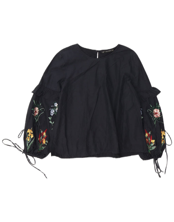 Zara Blusa Relajada para Mujer Top UK 40 Medio Negro Floral Bohemio