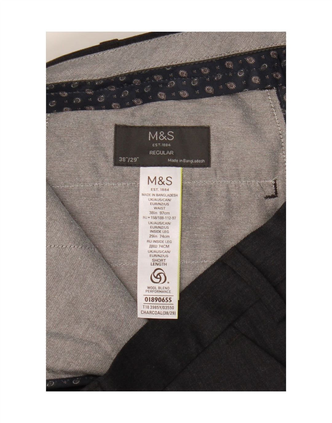 Marks & Spencer Pantalón de traje regular para hombre W38 L29 Poliéster gris