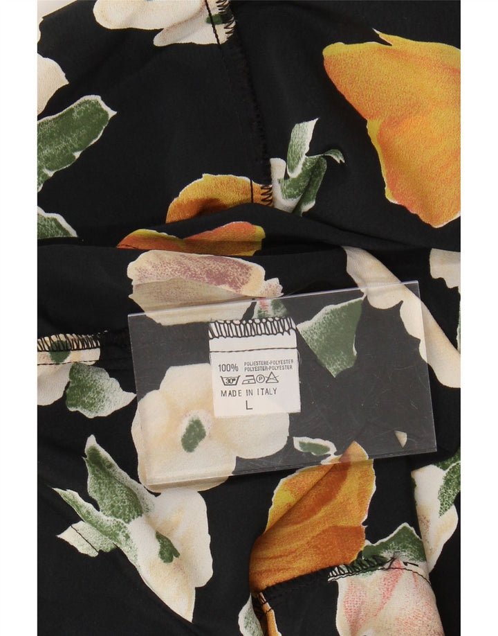 VINTAGE Blusa camisa de manga corta para mujer Reino Unido 16 Grande Negro Floral