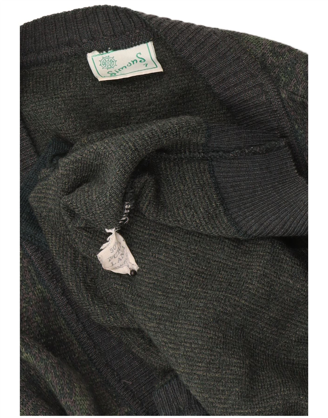 Vintage hombres Cardigan suéter grande caqui lana geométrica