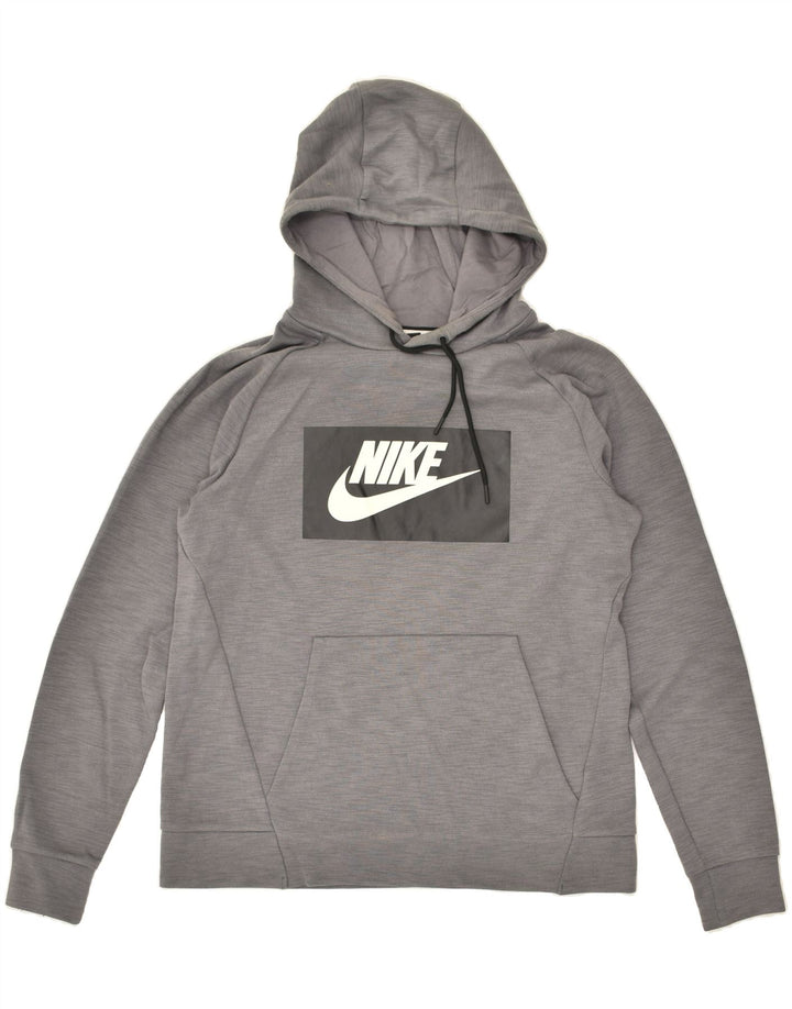 NIKE Womens Loose Fit Graphic Hoodie Jumper UK 14 Medium Grey Cotton | Vintage Nike | Thrift | Second-Hand Nike | Used Clothing | Messina Hembry 