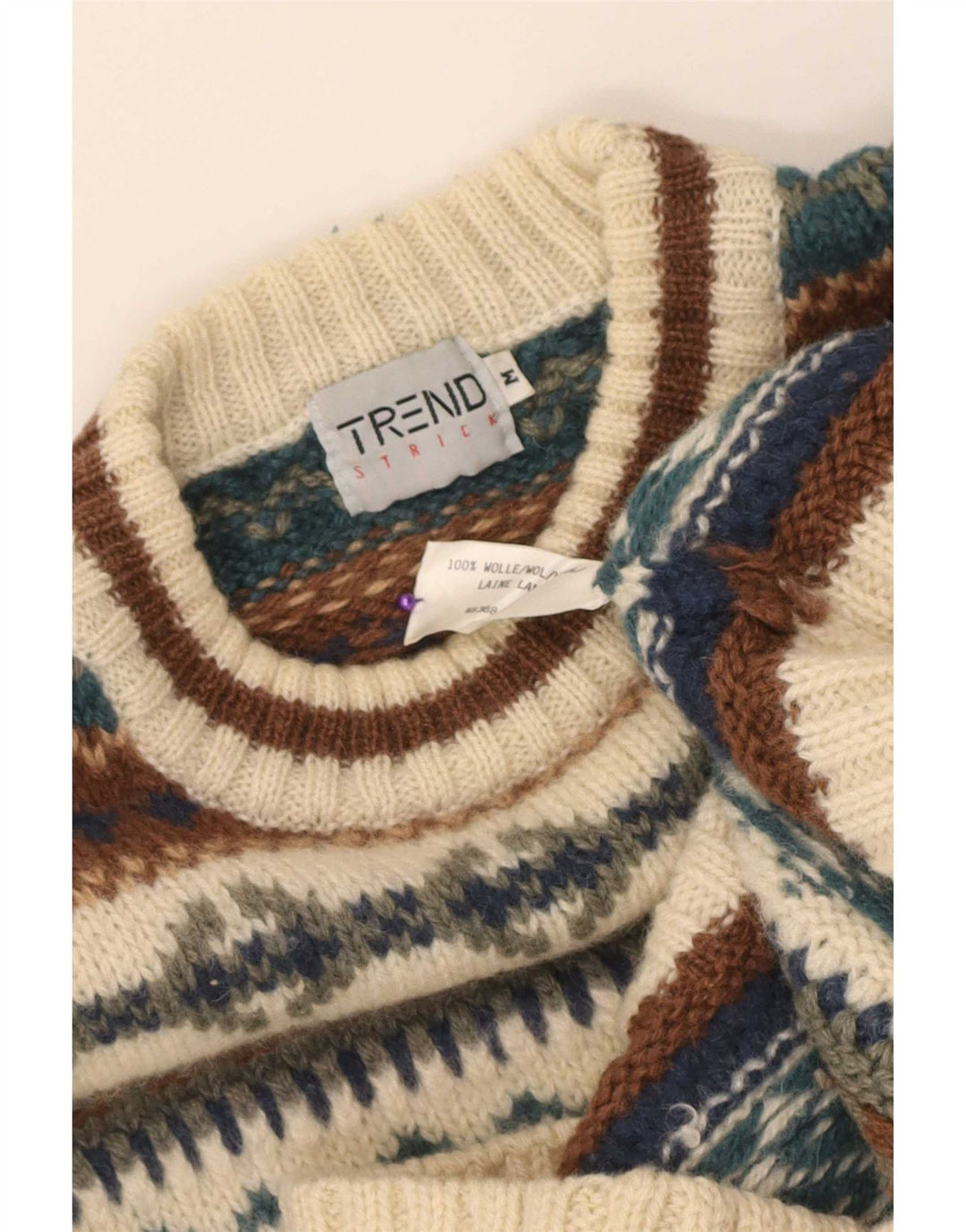 Vintage hombres cuello redondo jersey suéter medio beige feria isla lana