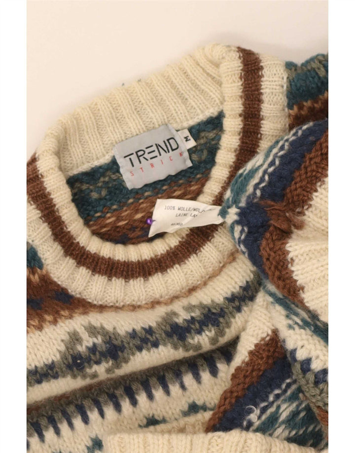 Vintage hombres cuello redondo jersey suéter medio beige feria isla lana