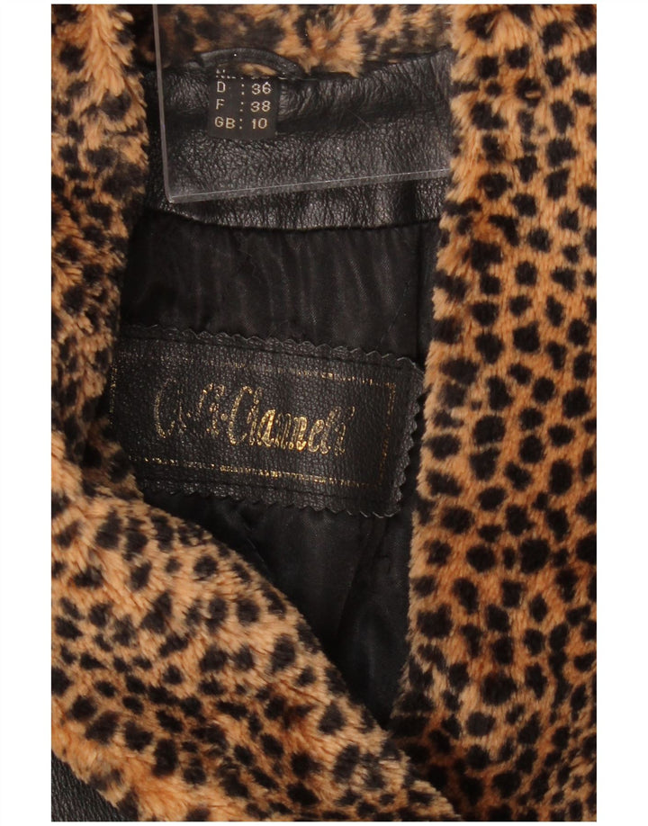 VINTAGE Abrigo de cuero de gran tamaño para mujer Reino Unido 10 Pequeño estampado animal negro