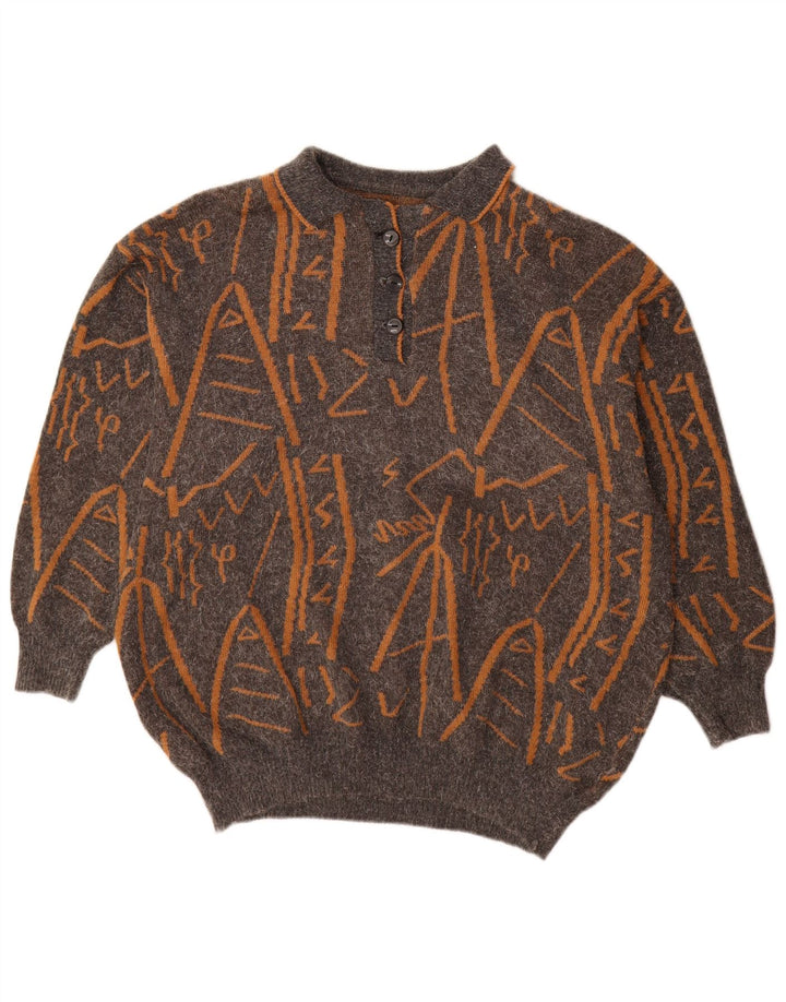 Vintage mujeres patrón abstracto polo cuello jersey suéter Reino Unido 16 gris grande