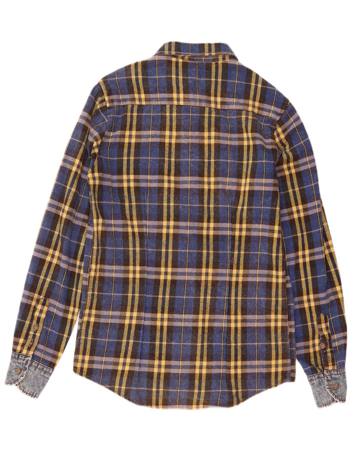 Camisa de franela vintage para hombre algodón a cuadros azul pequeño