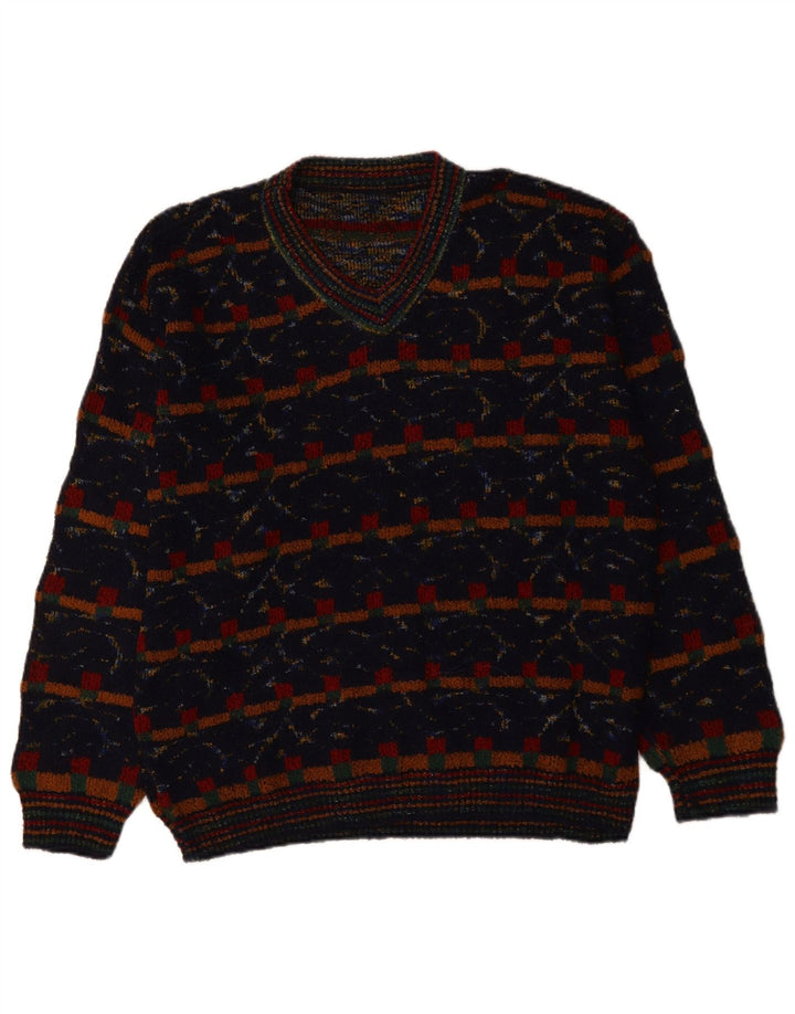 VINTAGE Jersey con cuello en V para hombre XL Lana geométrica azul marino