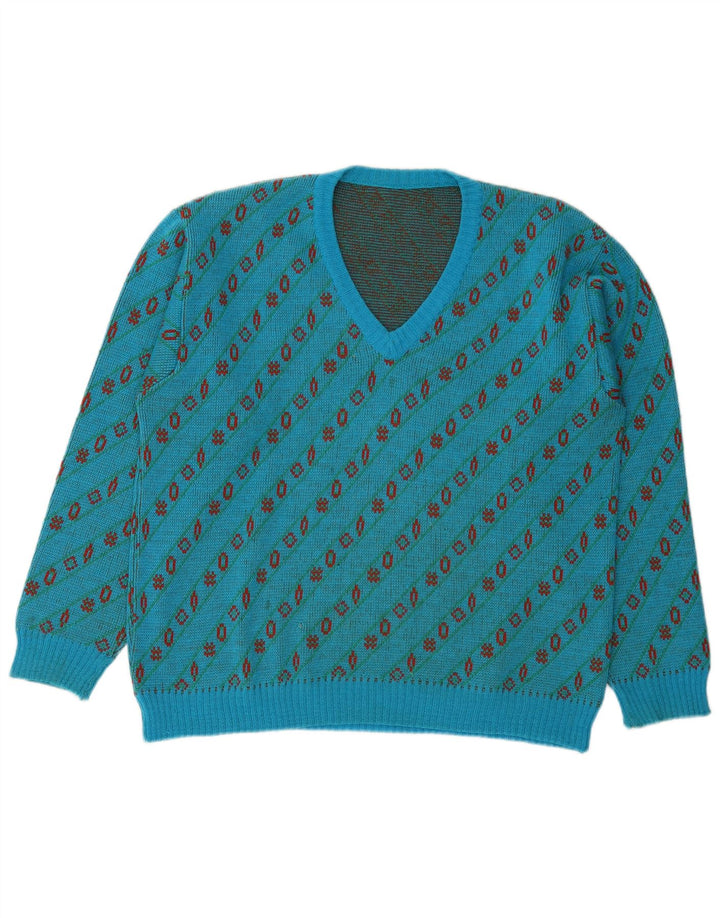 Vintage hombres V-cuello jumper suéter grande azul geométrico lana