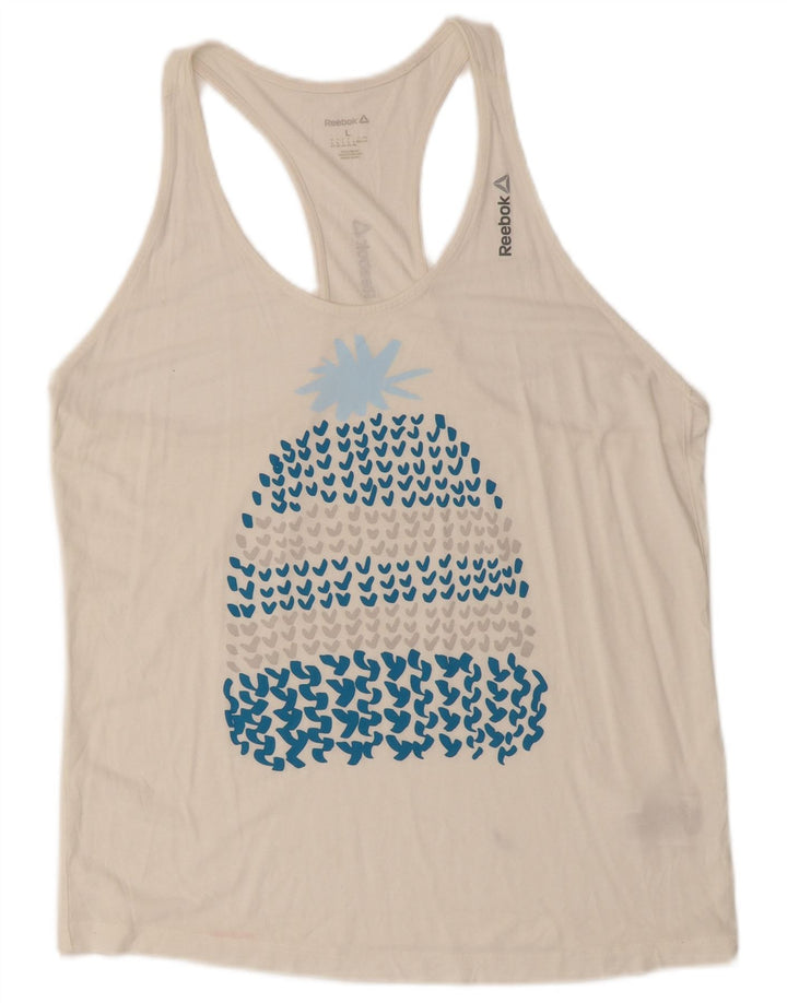 REEBOK Top sin mangas gráfico para mujer UK 40/40 Grande Modal blanco
