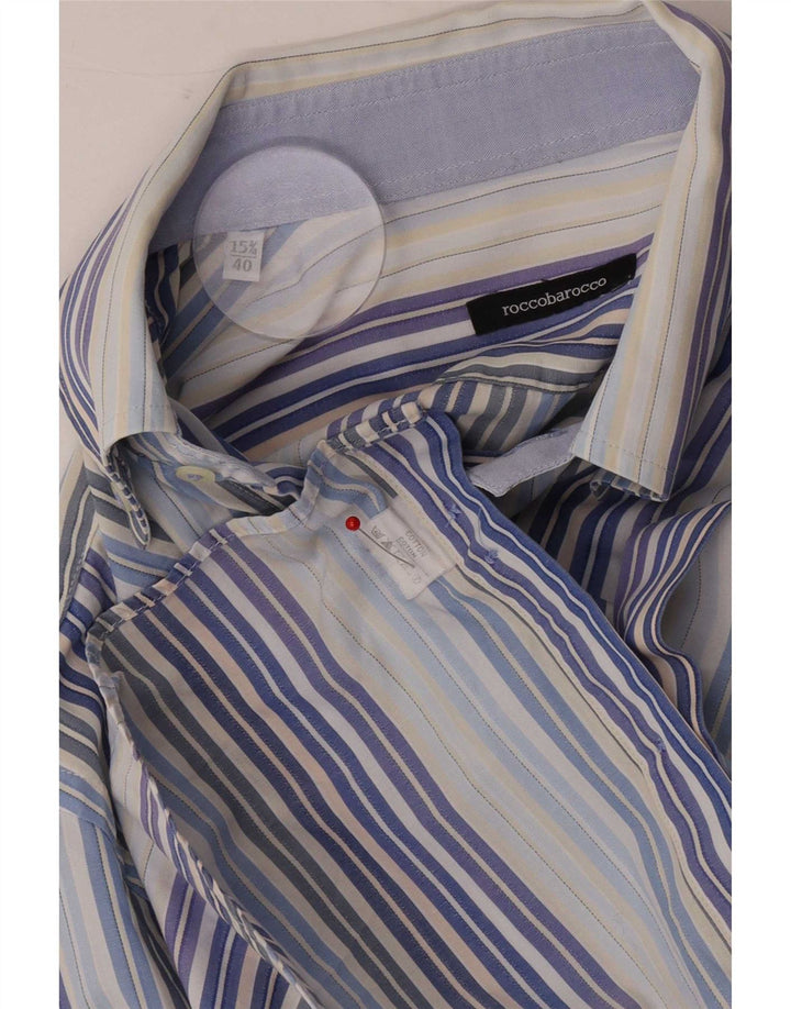 Roccobarocco Camisa para hombre Talla 40 15 3/4 Algodón a rayas azul medio