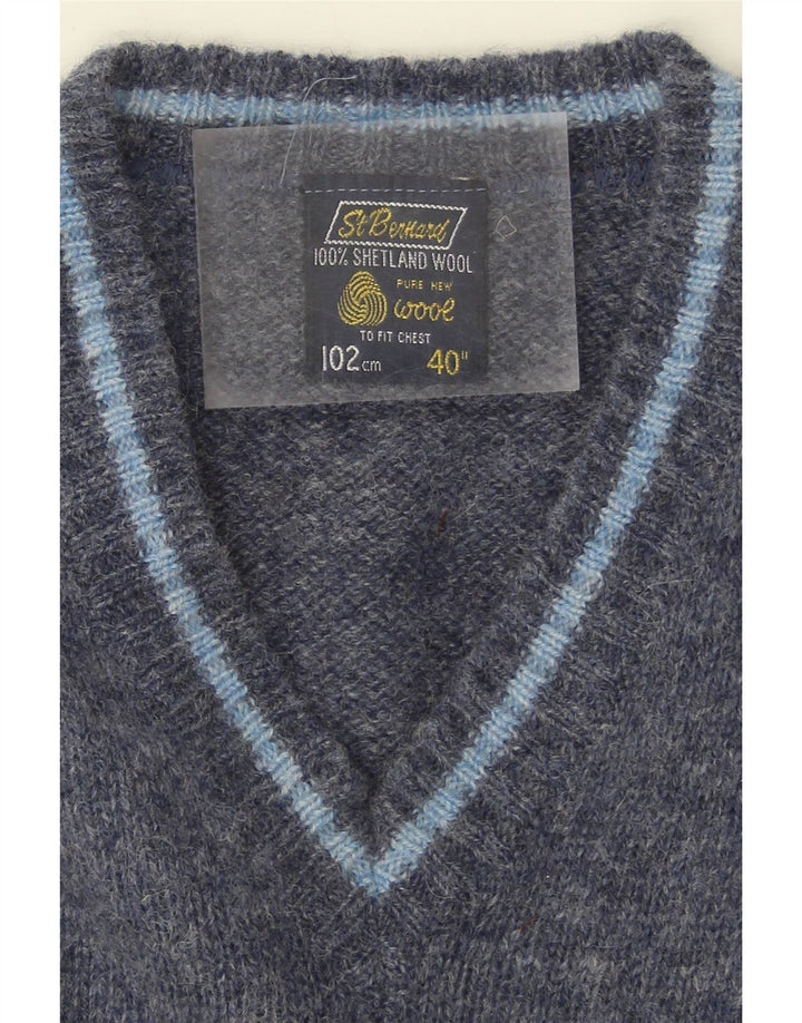 ST. BERNARD Mens V-Neck Jumper Sweater UK 40 Medium Navy Blue Striped Wool Vintage St. Bernard and Second-Hand St. Bernard from Messina Hembry 
