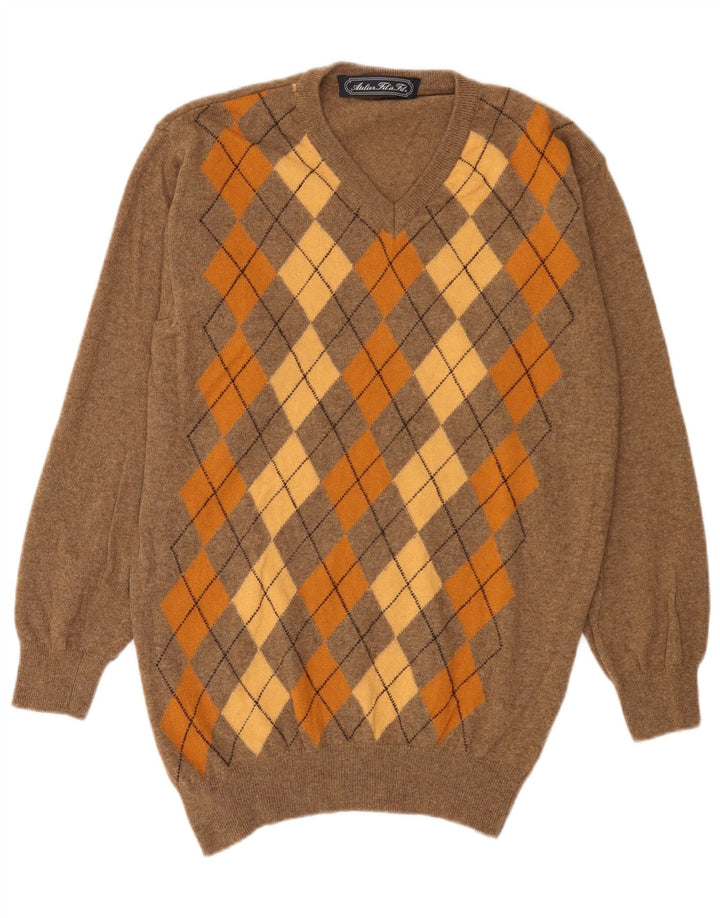 Vintage hombres V-cuello jumper suéter XL marrón Argyle/lana de diamante