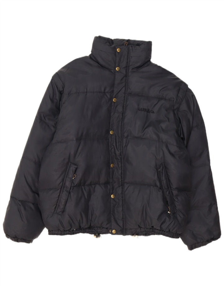 Vintage hombres con capucha chaqueta acolchada Reino Unido 40 grande nylon negro