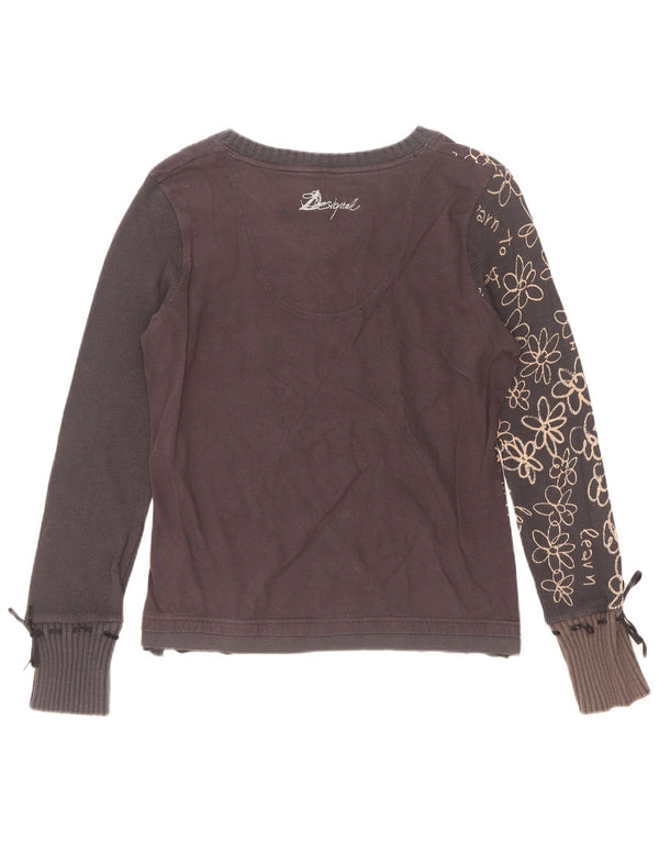 Desigual Mujer Gráfico Top Manga Larga UK 18 XL Negro Floral Algodón Corazón