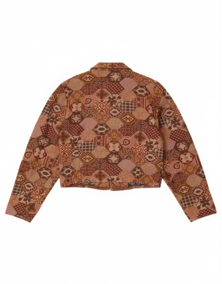 Vintage mujer crop blazer chaqueta Reino Unido 14 marrón medio geométrico