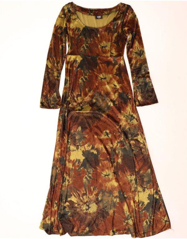 Vintage mujer manga larga Velour Maxi vestido Reino Unido 12 tinte de corbata marrón medio