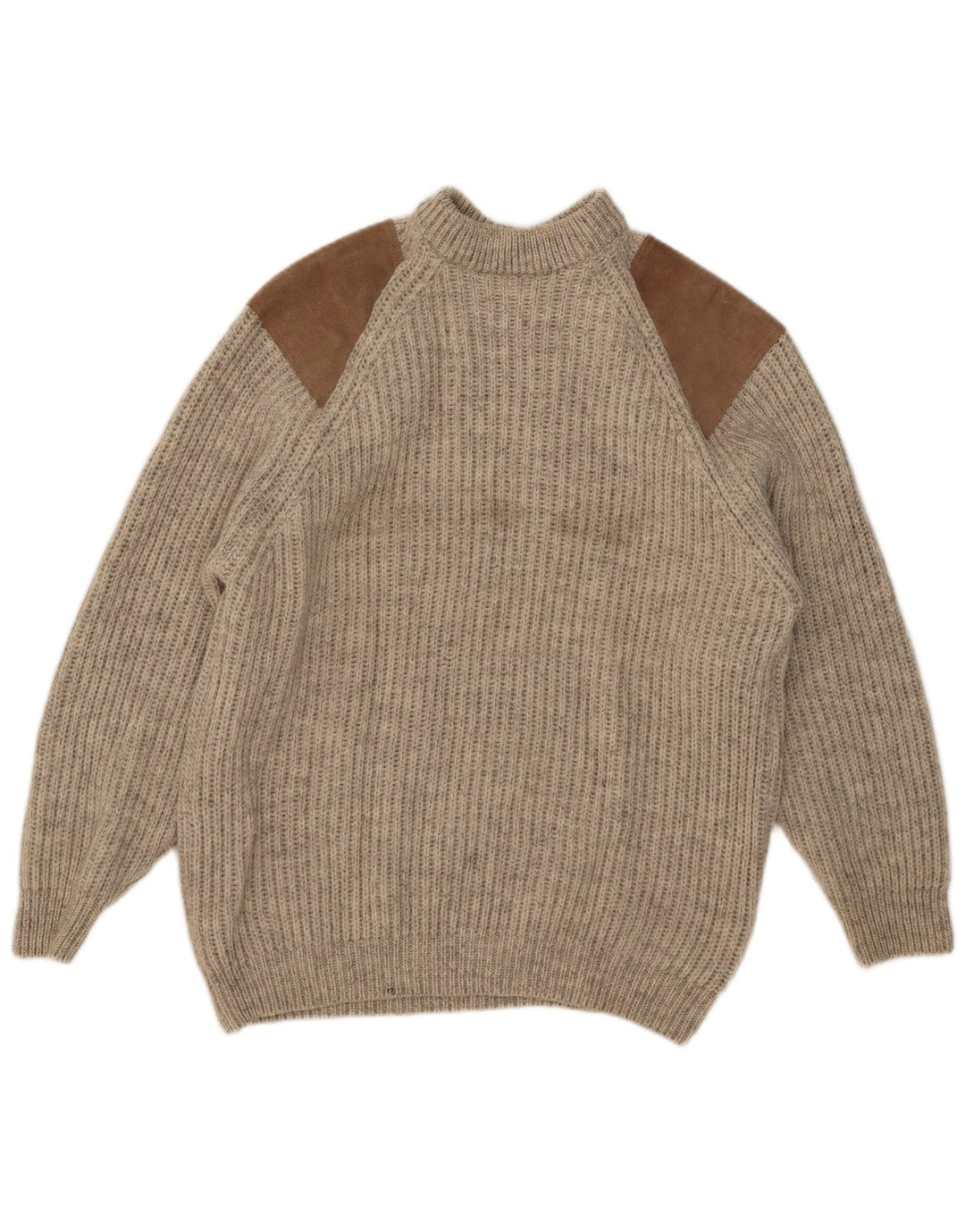 Vintage hombres tortuga cuello jersey suéter grande beige colorblock lana