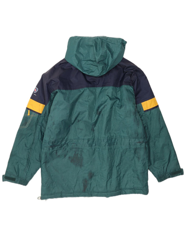Vintage hombres con capucha chaqueta de lluvia Reino Unido 42 XL verde colorblock nylon