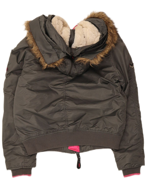 Superdry Chaqueta de aviador de vuelo acolchada con capucha para mujer UK 44 Nylon gris medio