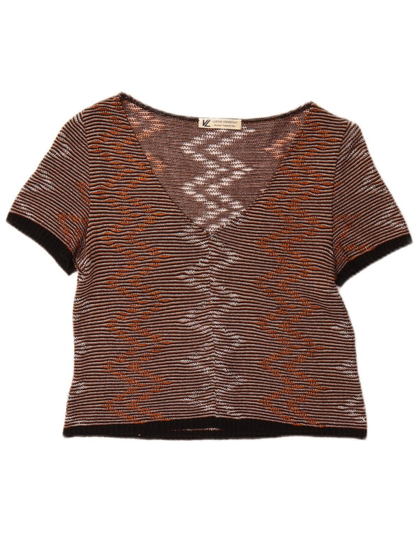 Vintage mujer crop blusa Top Reino Unido 10 pequeño marrón Pinstripe