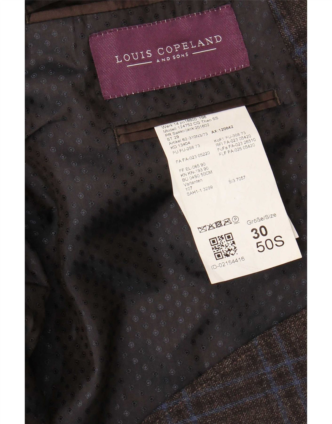 Louis Copeland Chaqueta tipo blazer de 2 botones para hombre EU 50 Large Brown Check