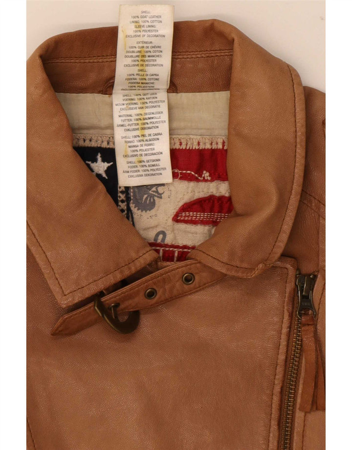 True Religion Chaqueta motera de cuero para mujer UK 40 Small Beige Colorblock