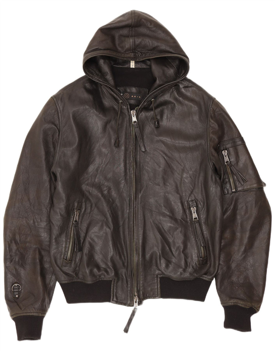 Aria - Chaqueta bomber de piel con capucha para hombre IT 50 grande, color negro