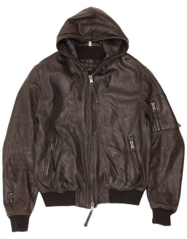 Aria - Chaqueta bomber de piel con capucha para hombre IT 50 grande, color negro