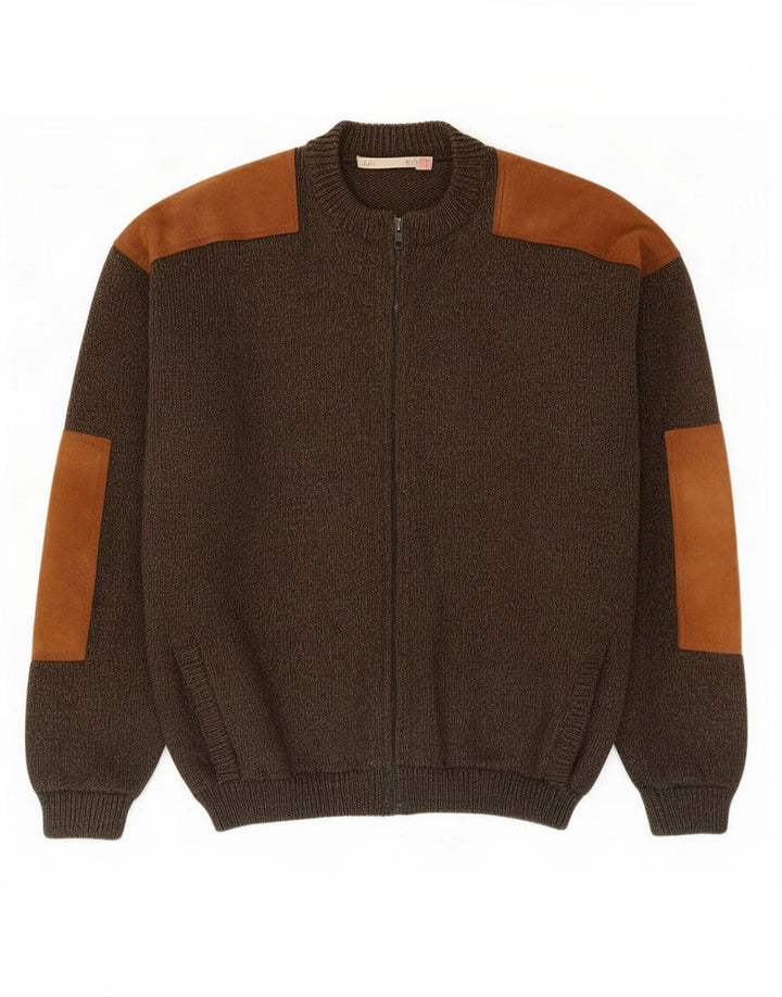 Vintage hombre zip cardigan suéter medio caqui colorblock