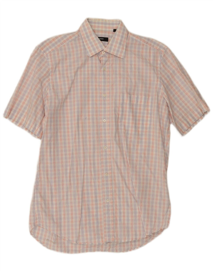 Hugo Boss Camisa de manga corta para hombre Talla 39 15 1/2 Algodón a cuadros blanco mediano