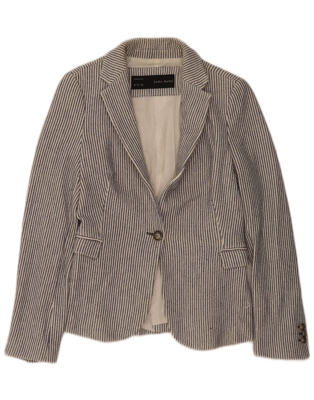 Zara Chaqueta Blazer De 1 Botón para Mujer Reino Unido 42 Algodón A Rayas Azul Medio