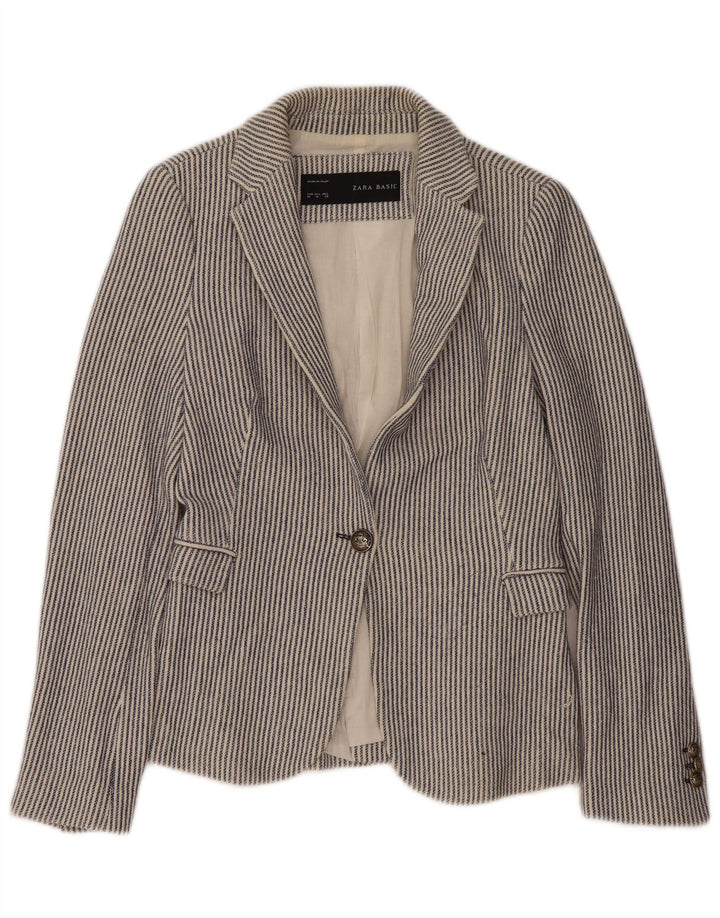 Zara Chaqueta Blazer De 1 Botón para Mujer Reino Unido 42 Algodón A Rayas Azul Medio