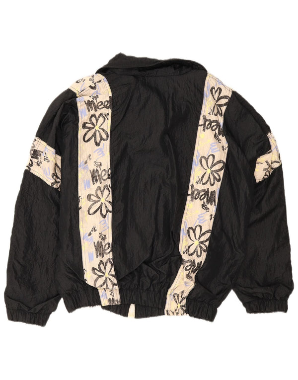 Vintage hombres sueltos ajuste chándal top chaqueta medio negro floral nylon retro