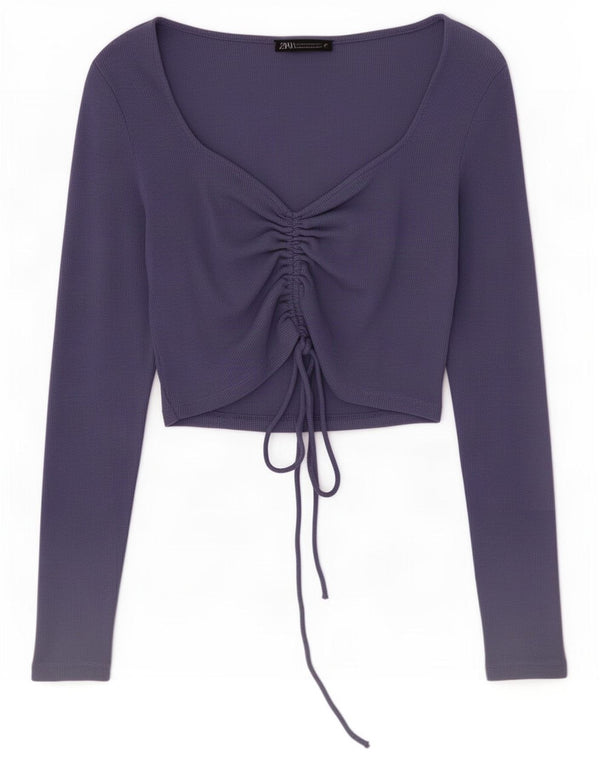 Zara Mujer Crop Top Manga Larga UK 42 Medio Algodón Púrpura