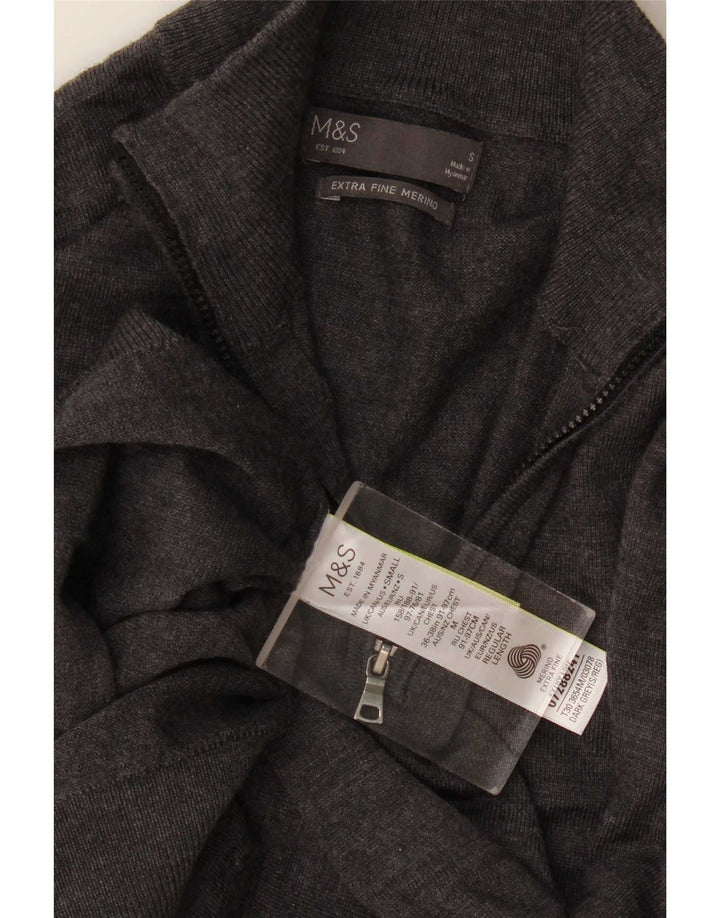 Marks & Spencer Jersey con cuello y cremallera para hombre, talla pequeña, lana merino gris
