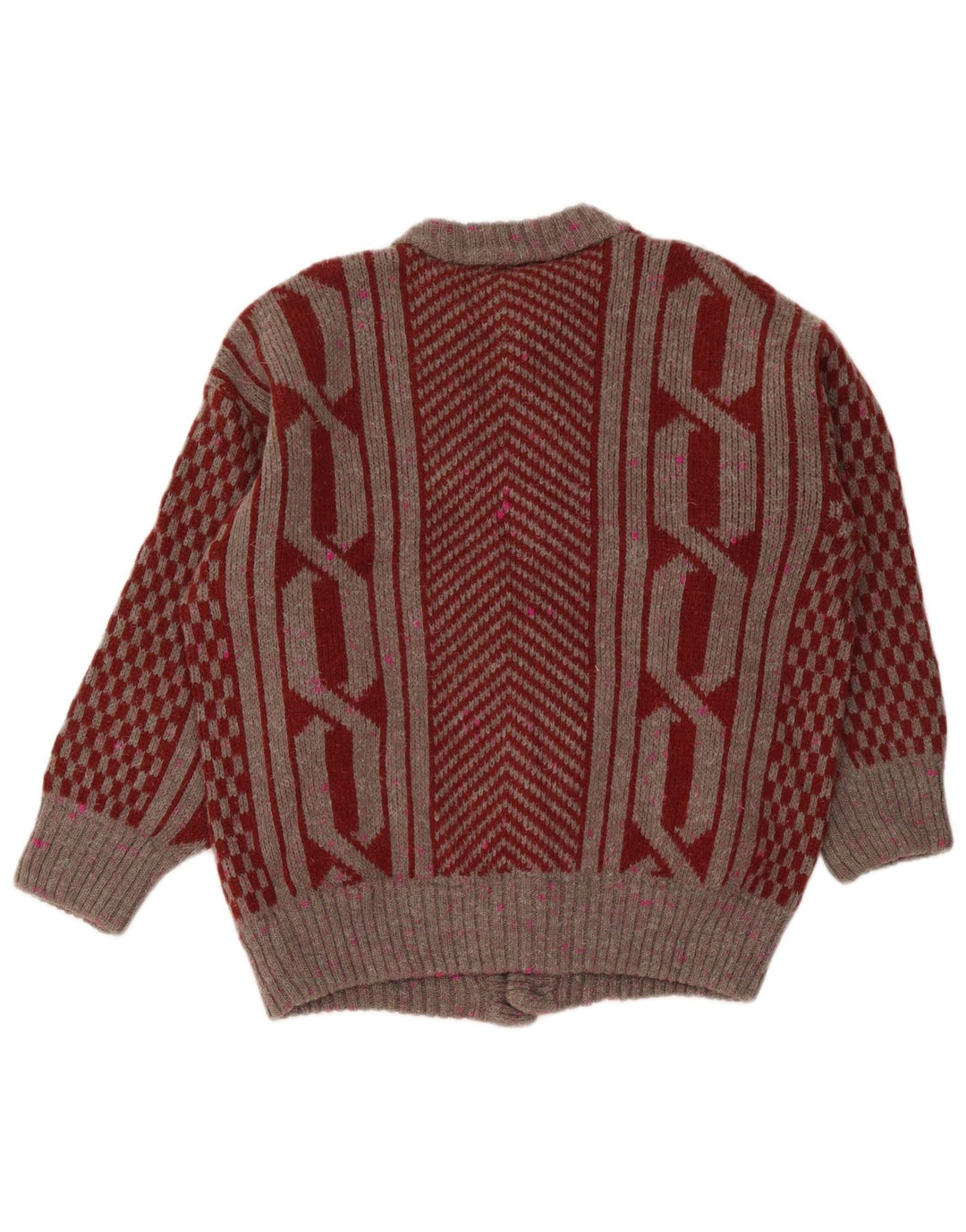 Vintage hombres Cardigan suéter medio borgoña geométrico