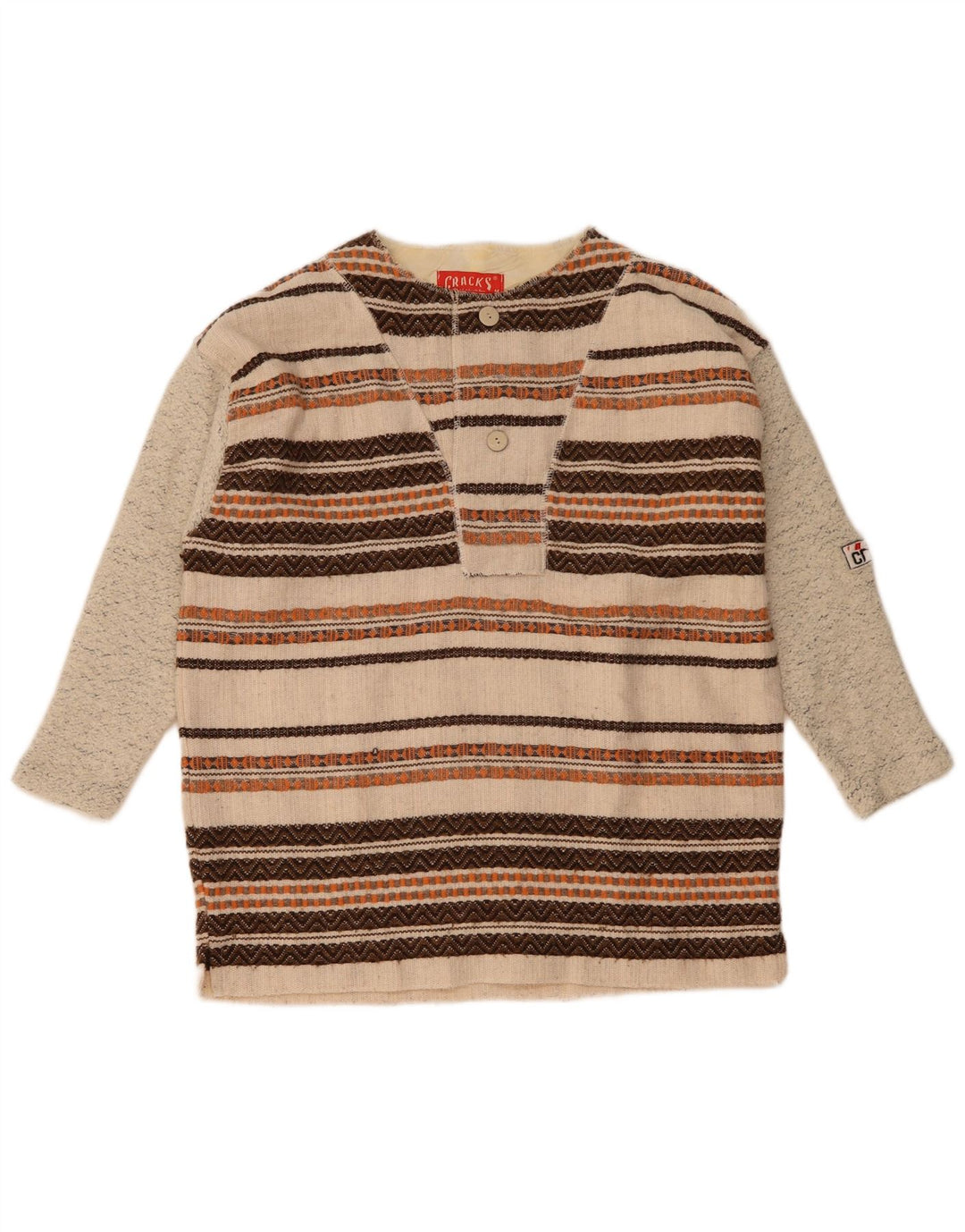 Vintage hombres 3/4 manga botón cuello jersey suéter medio beige rayas