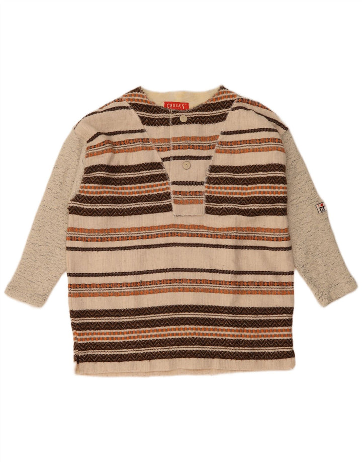 Vintage hombres 3/4 manga botón cuello jersey suéter medio beige rayas