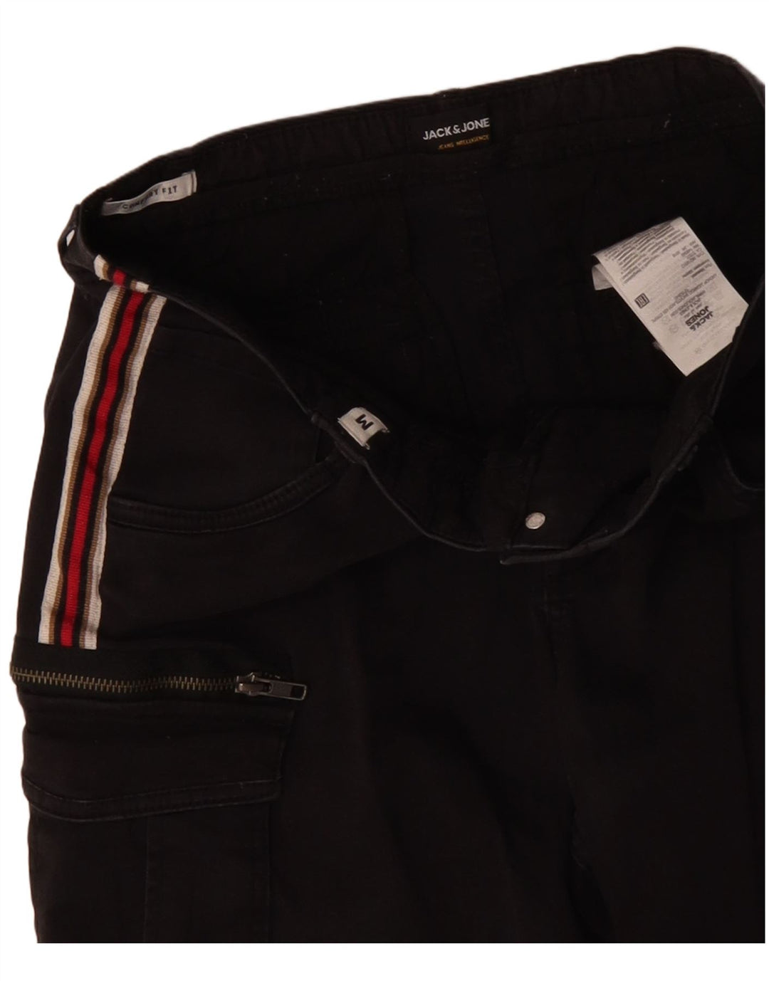 JACK & JONES Pantalones cortos cargo de ajuste cómodo para hombre mediano W30 algodón negro