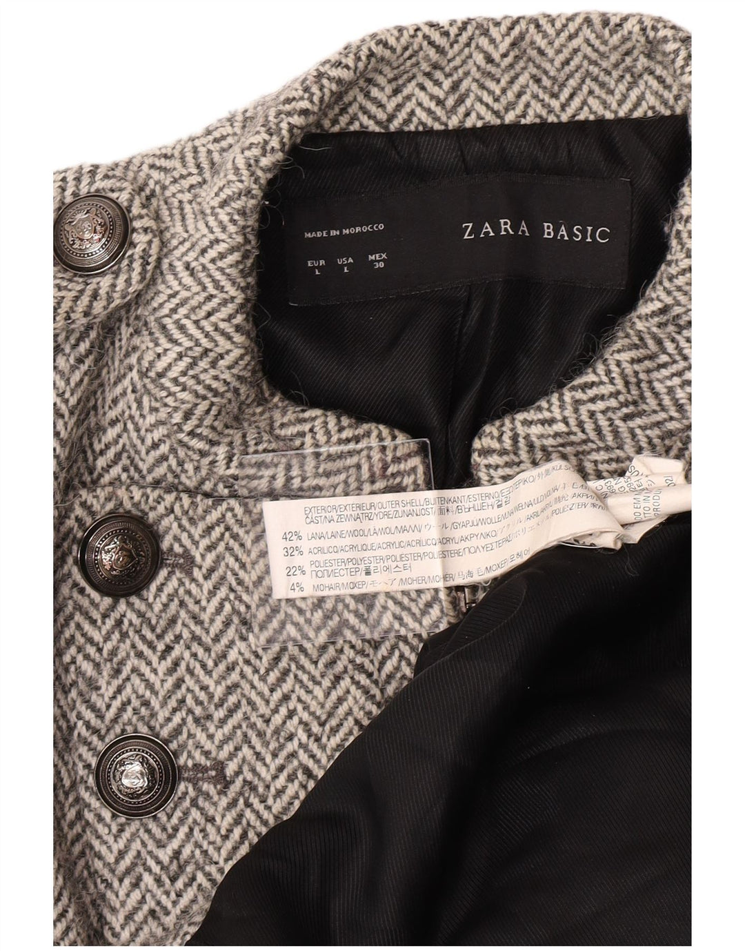 Zara Abrigo militar para mujer UK 44 Lana en espiga gris grande