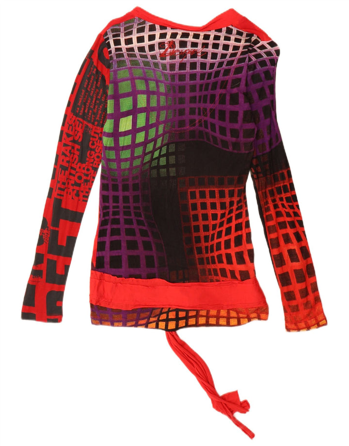 Desigual Mujer Gráfico Top Manga Larga UK 12 Medio Viscosa Roja